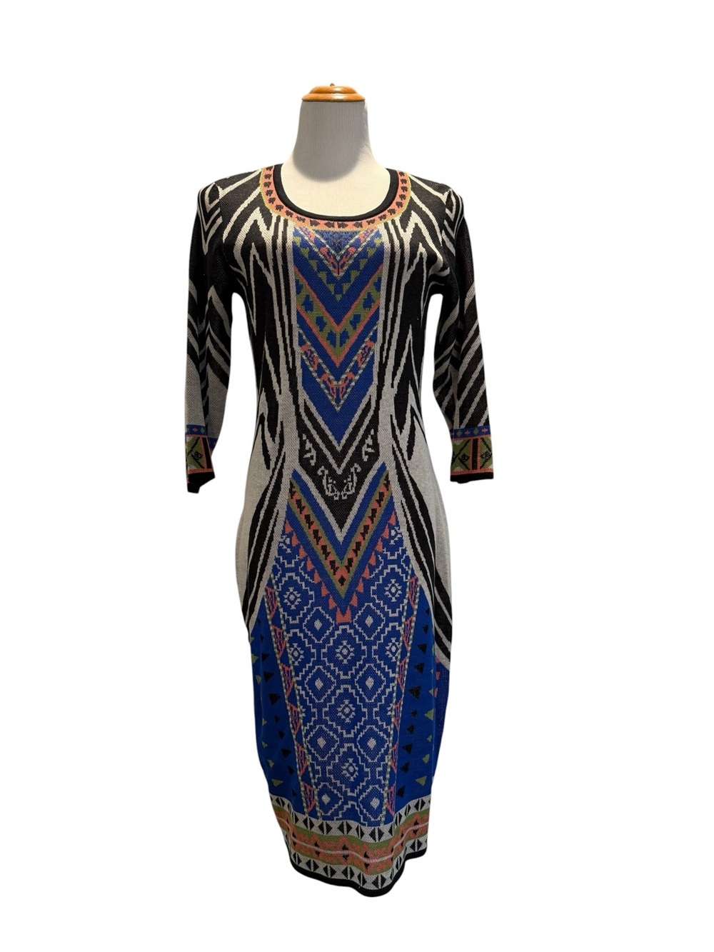 New York & Company Blue and Black Geometric Knit Midi Dress